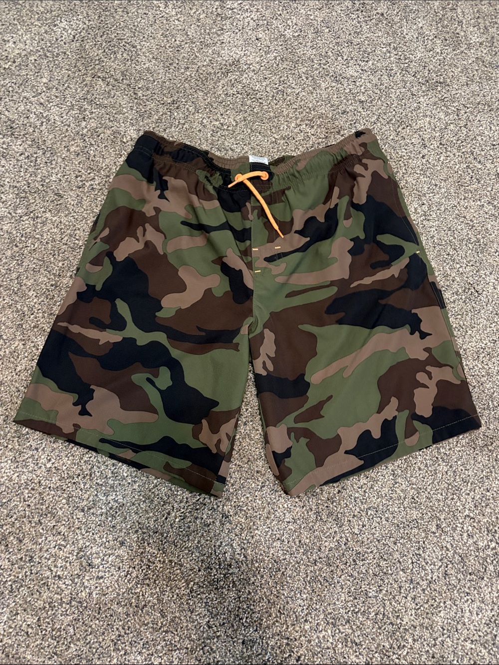 Boys wonder nation Camo Swim Trunks w/Orange Drawstring Size Large Husky 10/12